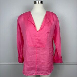 J. Crew Ramie Tunic Top Size M Pink Split V Neckline Long Sleeves Beachy Coverup